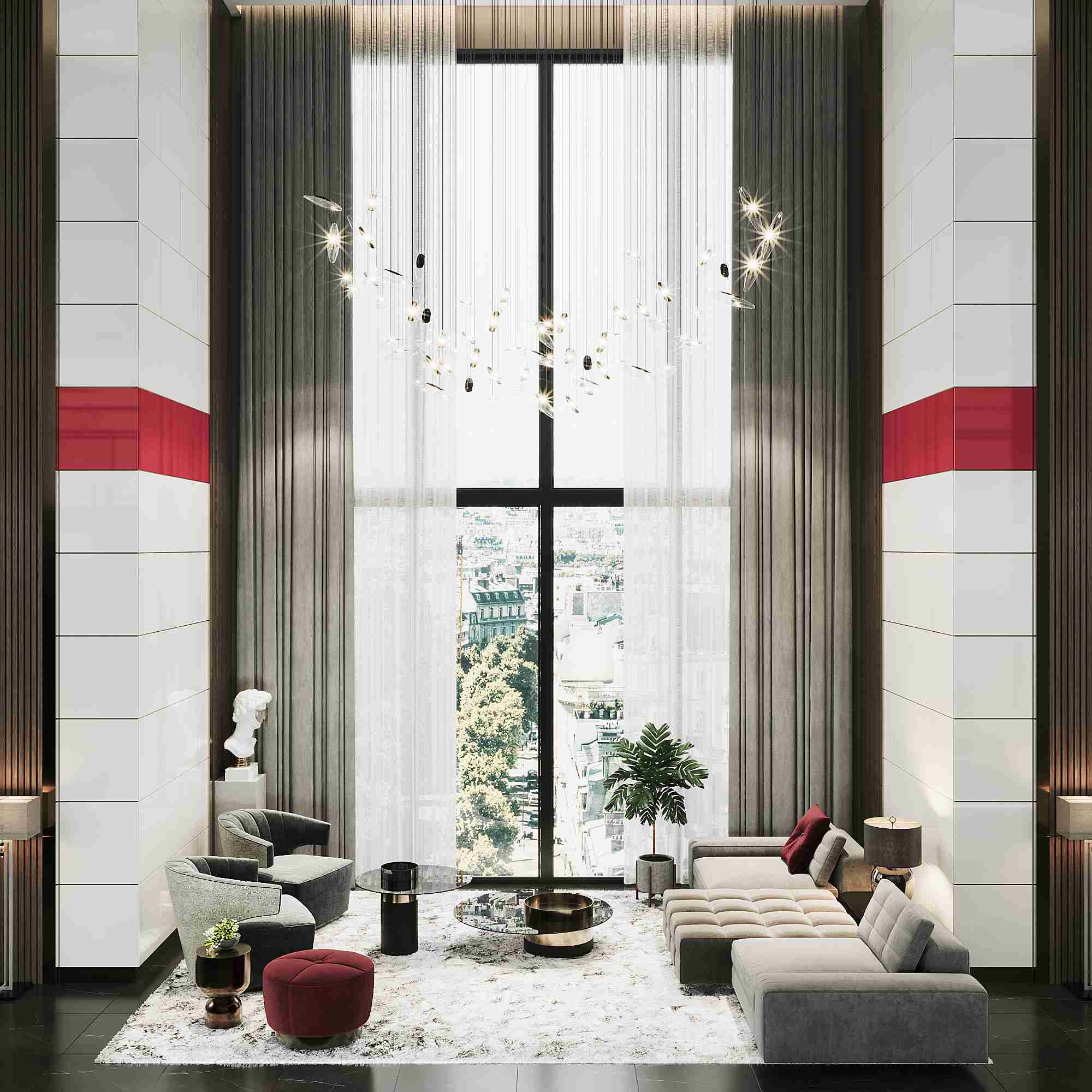 White with burgandy condo lobby